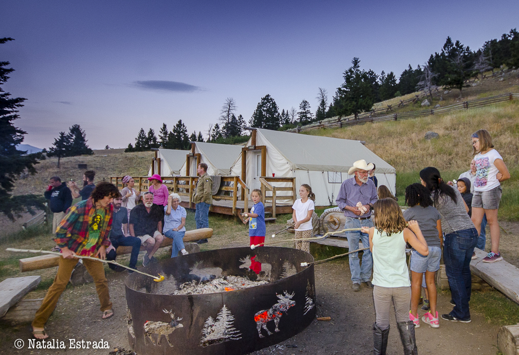 roasting marshmallows and hotdogs near Yellowstone National Park